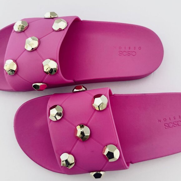 ASOS Design Women's Pink Slides Sandals US Size 8 Embellished with Gold Studs - Picture 9 of 14